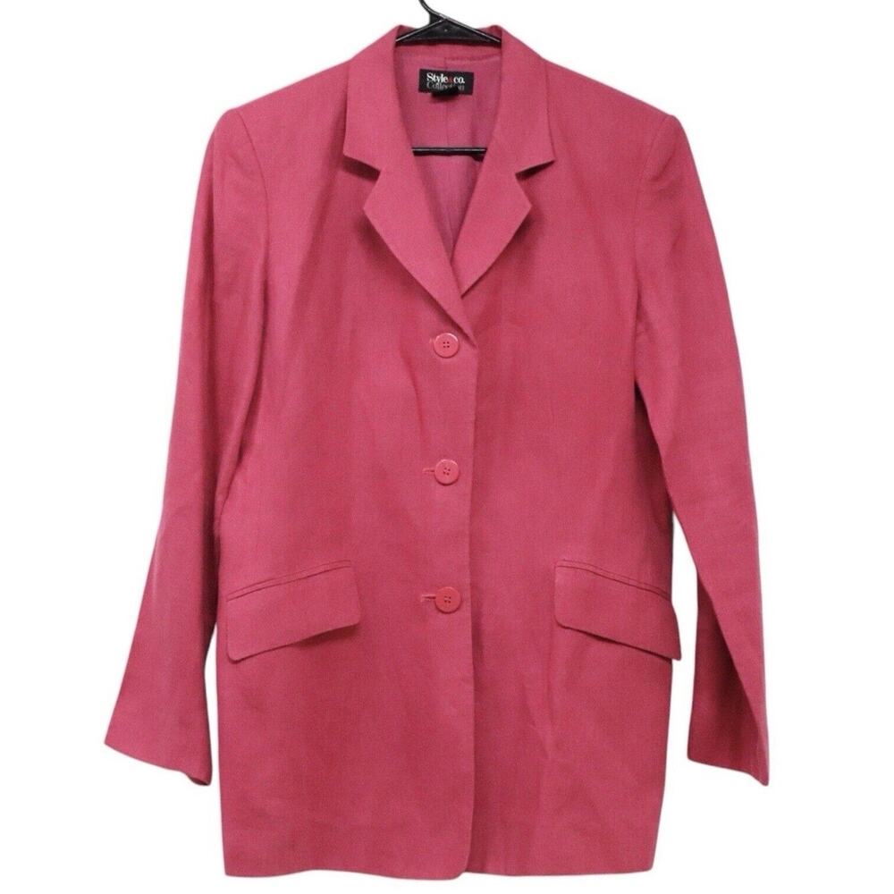 Style & Co. Womens Size 10 Dark Pink 100% Linen Button Front Lined Blazer